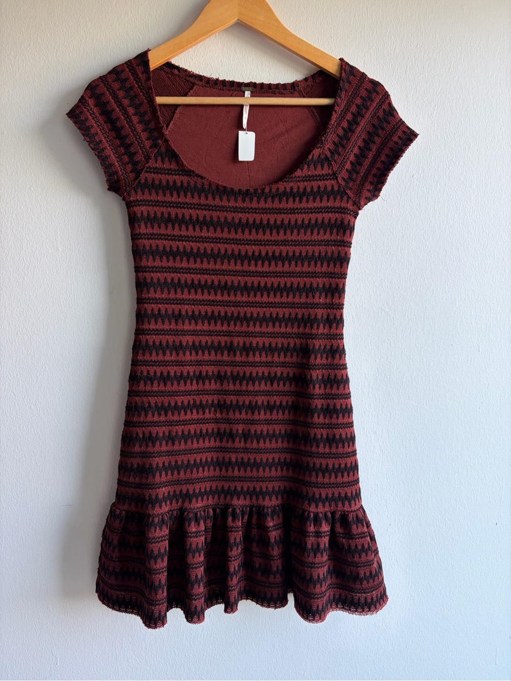 Free People Burgundy and Black Patterned Short-Sleeve Mini Dress